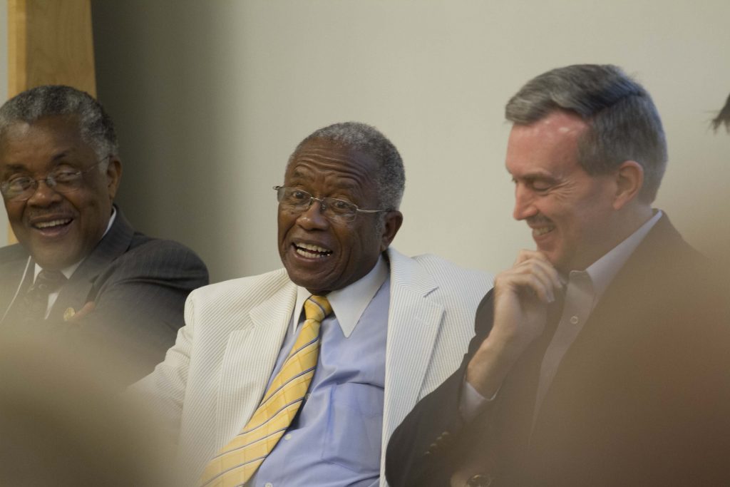2012 Fred Gray laughing with Doug Foster during panel session